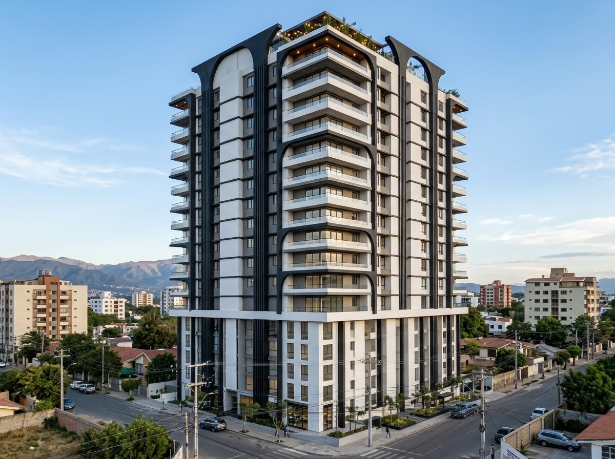 Render oficial del Condominio Abedules Norte, torre en Zona Norte, Cochabamba